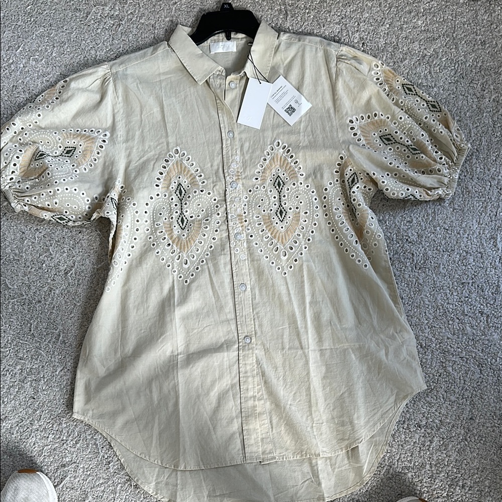 Seven For All Mankind size sm button down embroidered o-sized extra long blouse